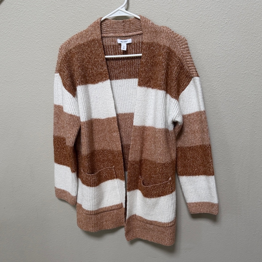 Nine West Camel Brown White Colorblock Striped open Cardigan women’s size medium